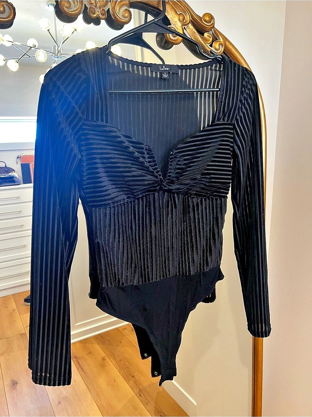 Lulus Black Velvet Striped Long Sleeve Bodysuit